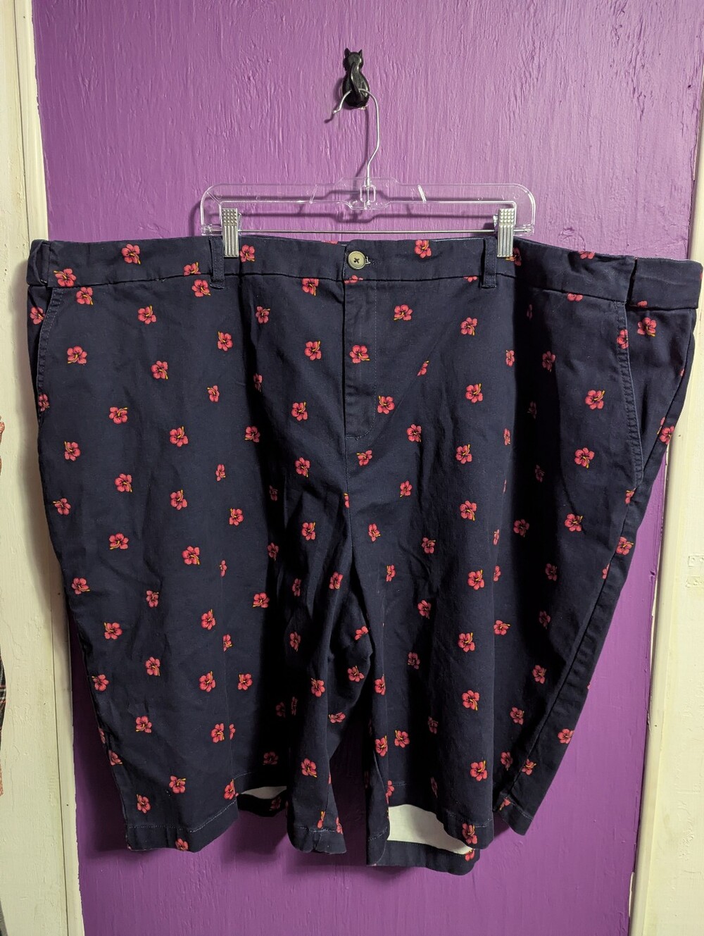 💜 NWT Woman Within Navy Pink Tropical Floral Stretch Waist Shorts 38 6X *Flaw*
